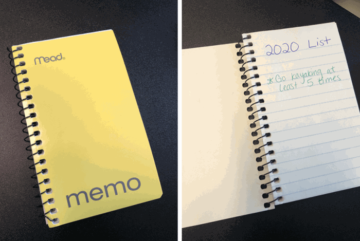 Small notebook with 2020 bucket list items written in it